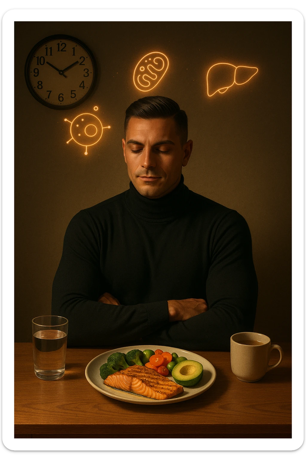 A realistic, cinematic illustration of a healthy, fit man in his early 30s with a calm, disciplined expression, sitting at a clean wooden table in the evening with a single, balanced, nutrient-dense meal in front of him (grilled salmon, colorful vegetables, avocado). The rest of the day he drinks only water and herbal tea, visible in a glass and a simple cup on the side. A wall clock in the background shows 6:00 PM, emphasizing that this is his only meal of the day (OMAD). Subtle glowing icons above him display a regenerating cell, mitochondria, and a liver symbol, representing autophagy, longevity, and health benefits of OMAD. The lighting is warm, with cinematic shadows and natural tones, creating a sense of discipline, mental clarity, and health optimization. The man looks centered and content, showing that OMAD is a conscious choice for energy and regeneration, not restrizione. The scene is realistic with slight film grain for depth sticker