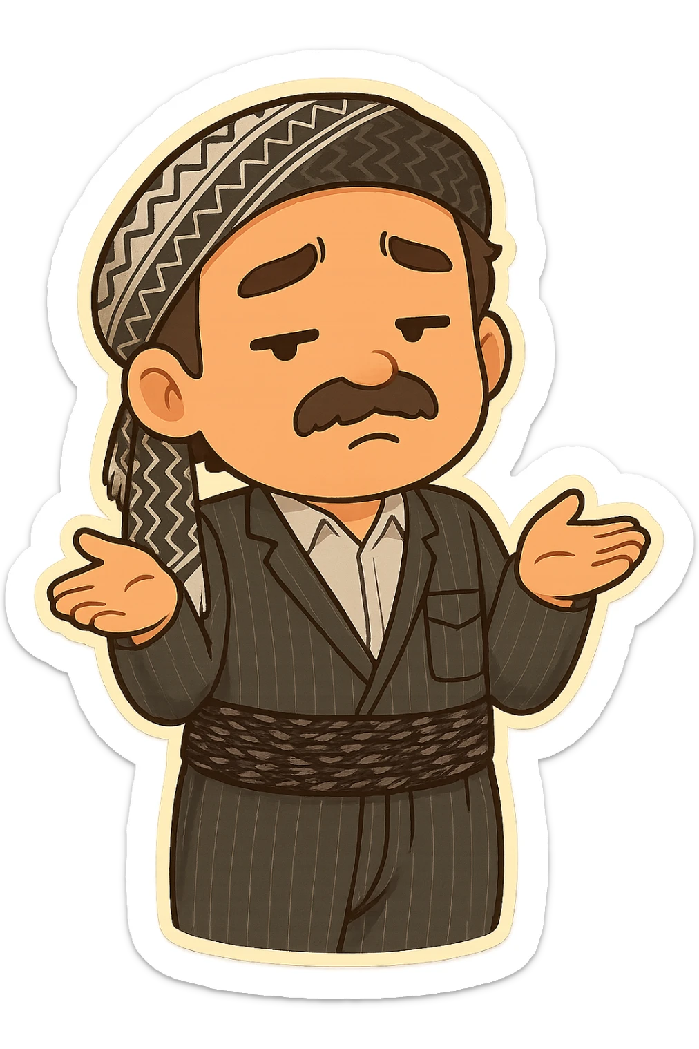Create a colorful and cheerful cartoon sticker of a Kurdish man wearing the same clothes and scarf as the reference image, with no changes to the outfit or scarf. The face should have an indifferent or 'I don't know' expression similar to the 🤷‍♂️ emoji. Both hands are open and shoulders raised. The image should have no shadows or color halos around it, no text, and a completely transparent background. Suitable for WhatsApp and Instagram. sticker