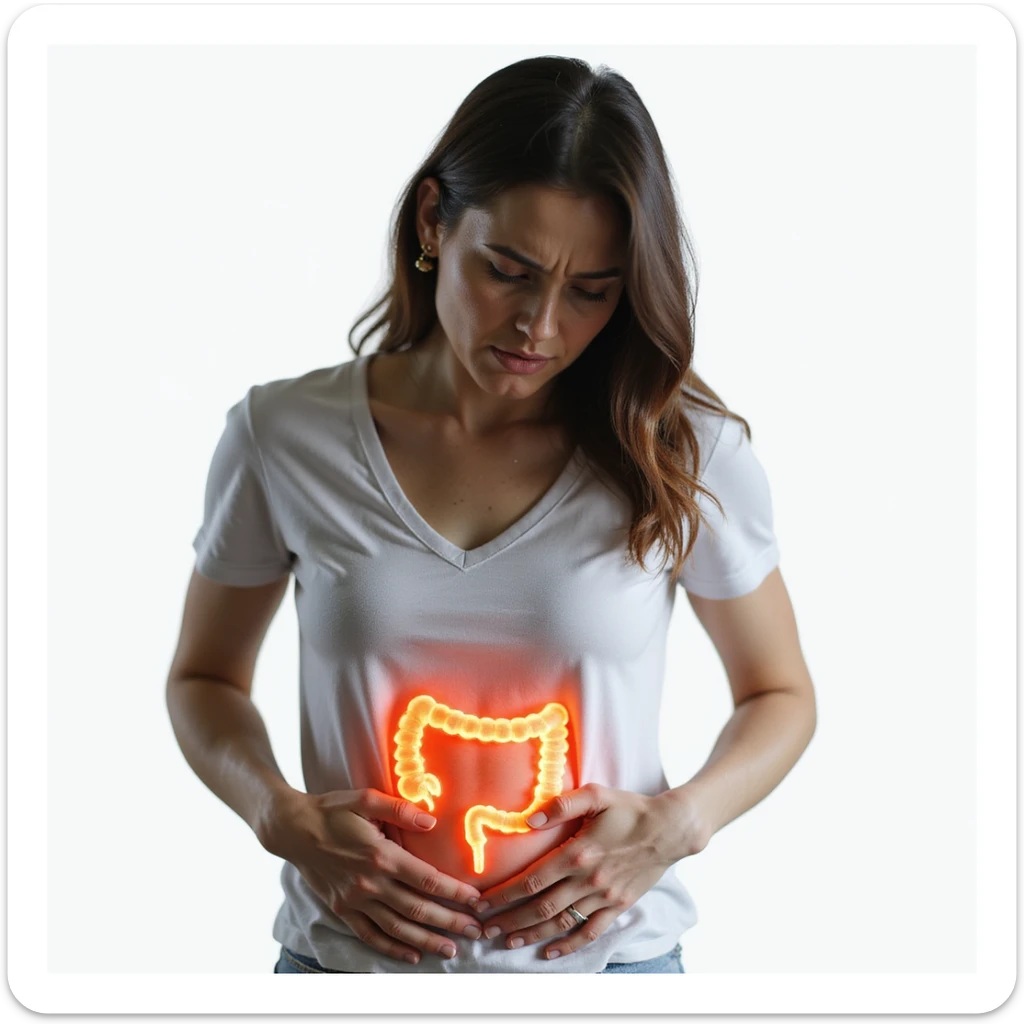 realistic woman with expression of pain, holding hands on abdomen, intestinal area highlighted with slight redness or glowing halo indicating inflammation, hyperrealistic 4K details, vertical 9:16 format, neutral or white background sticker