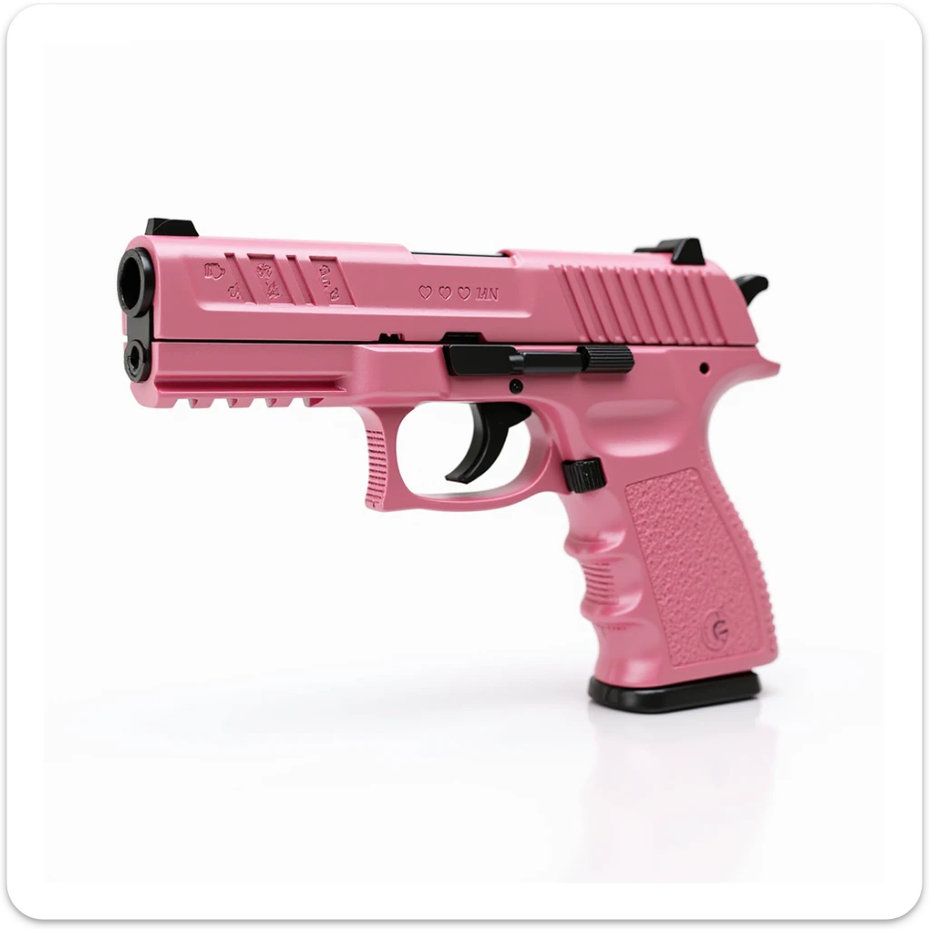 photorealistic pink pistol with heart motifs engraved on the handle, metallic shine, isolated on white sticker