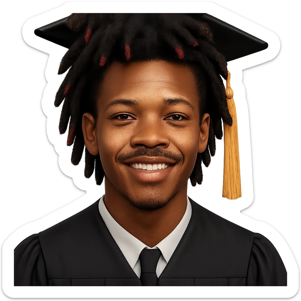 Create a male African American graduate emoji based on the person in the reference photo, capturing his hairstyle and facial features accurately. He should be wearing a graduation cap and gown, smiling warmly. The background should be removed, isolating the subject. The style should be realistic and suitable for an emoji representation. sticker