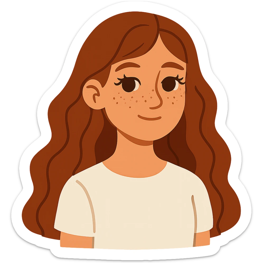 flat-toon style adolescent girl with long wavy hair, freckles, long eyelashes, white top, no background sticker
