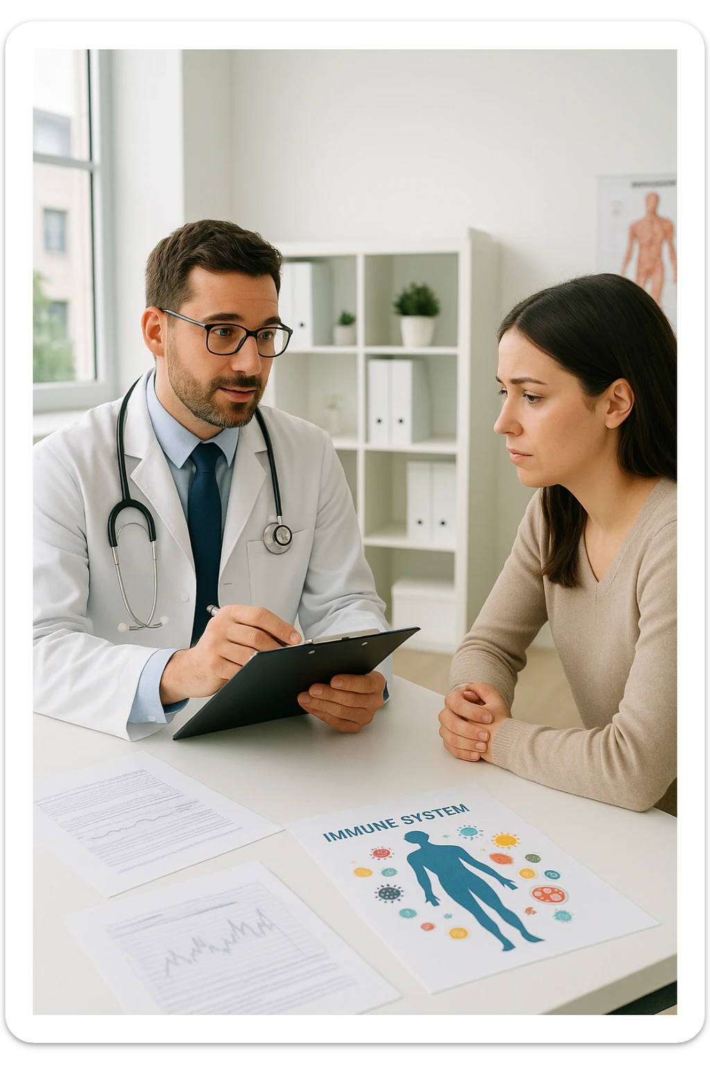 a doctor sits across from a patient in a bright, modern medical office. The doctor holds a clipboard and gently explains the diagnosis, while the patient listens with a concerned but attentive expression. On the desk, there are medical charts and a diagram of the immune system. The mood is empathetic and professional. sticker
