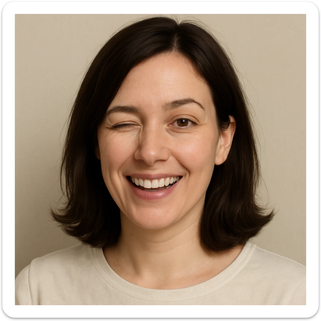 portrait of a white lady with dark brown shoulder length hair, winking, simple background sticker