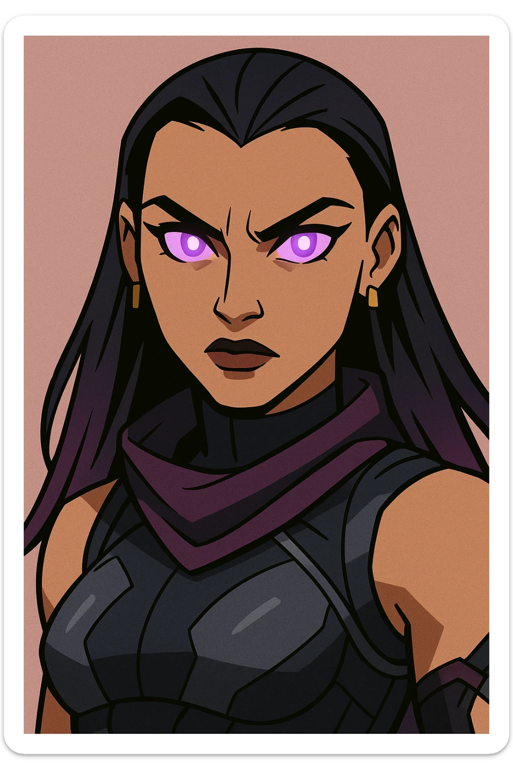 Valorant agent Reyna close-up portrait with glowing purple eyes, dark hair, intense look, stylized with bold lines, game art style sticker