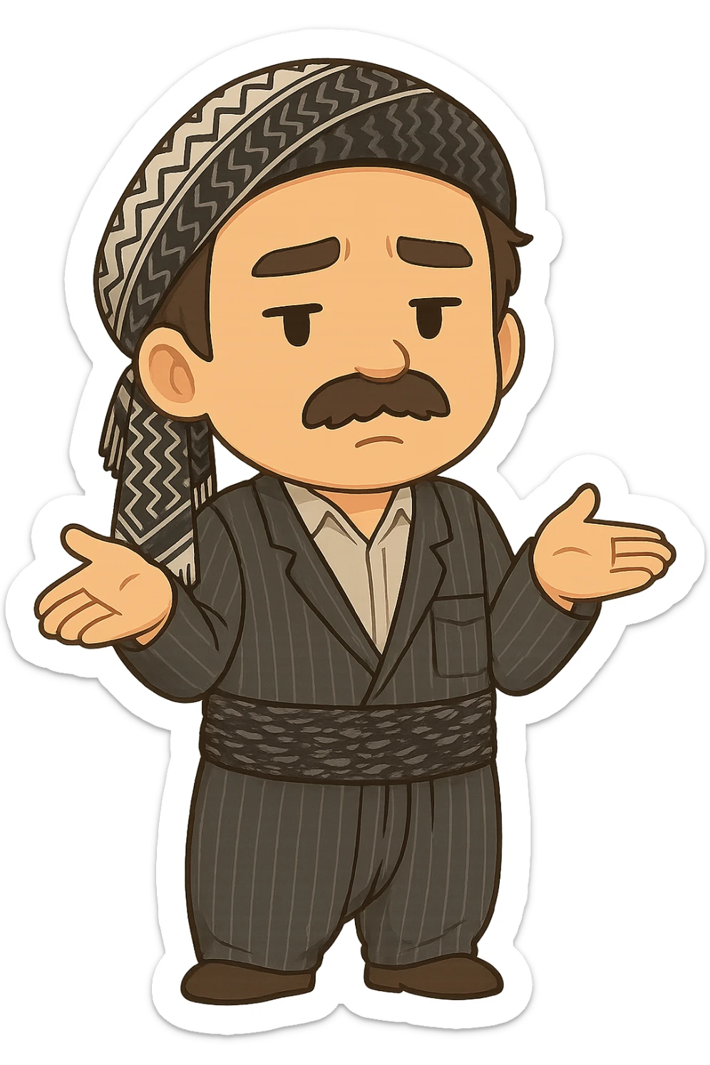 Create a colorful and cheerful cartoon sticker of a Kurdish man wearing the exact same clothes and scarf as the reference image, with no changes to the outfit or scarf. The face should have an indifferent or 'I don't know' expression. Both hands are open and shoulders are exaggeratedly raised. The image should have no shadows or color halos around it, no text, and a completely transparent background. Suitable for WhatsApp and Instagram. sticker