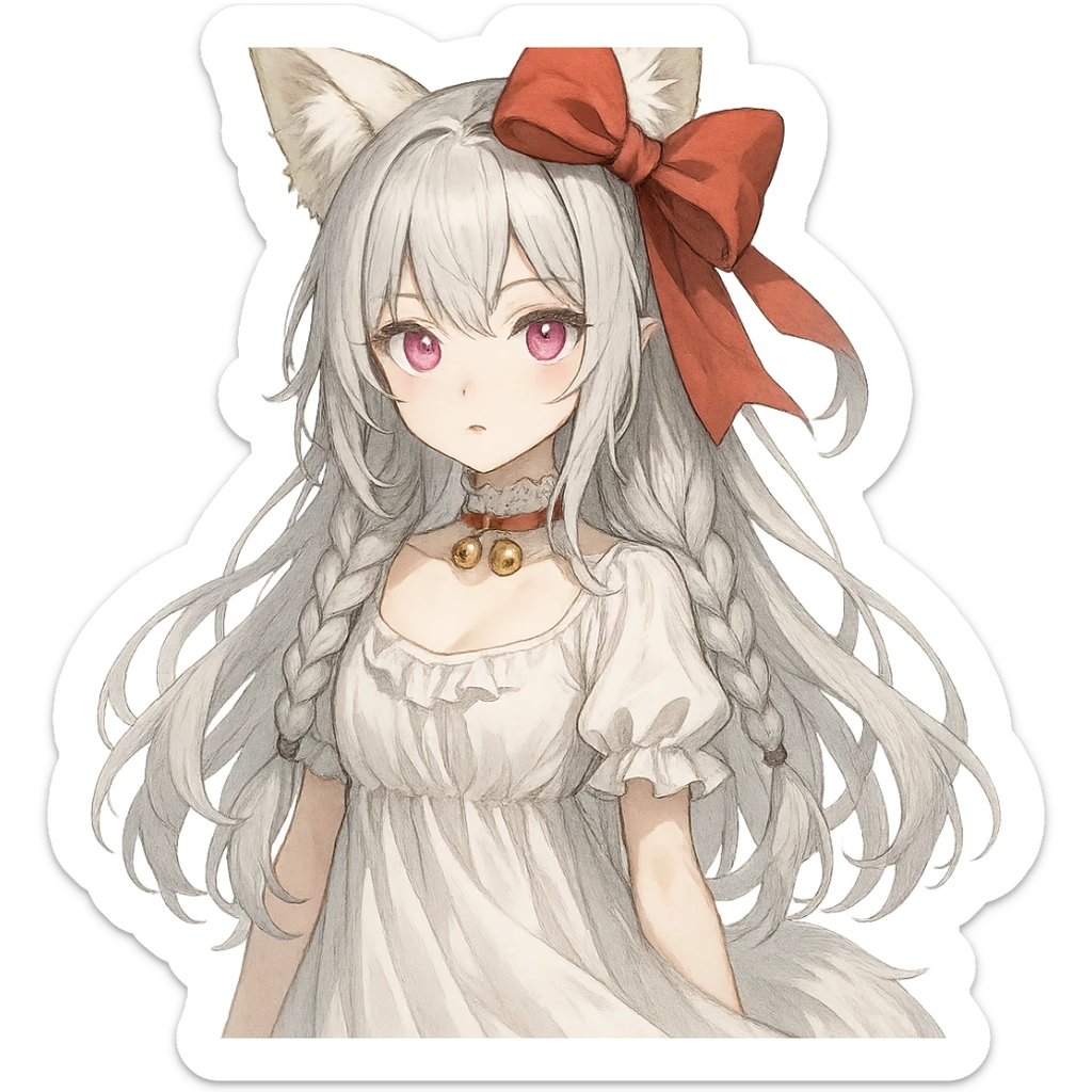 QT the fox spirit girl, pink irises, pale skin, silver white hair in two braids and loose hair, big red ribbon bow, flowy dress, white lace choker with bells. sticker