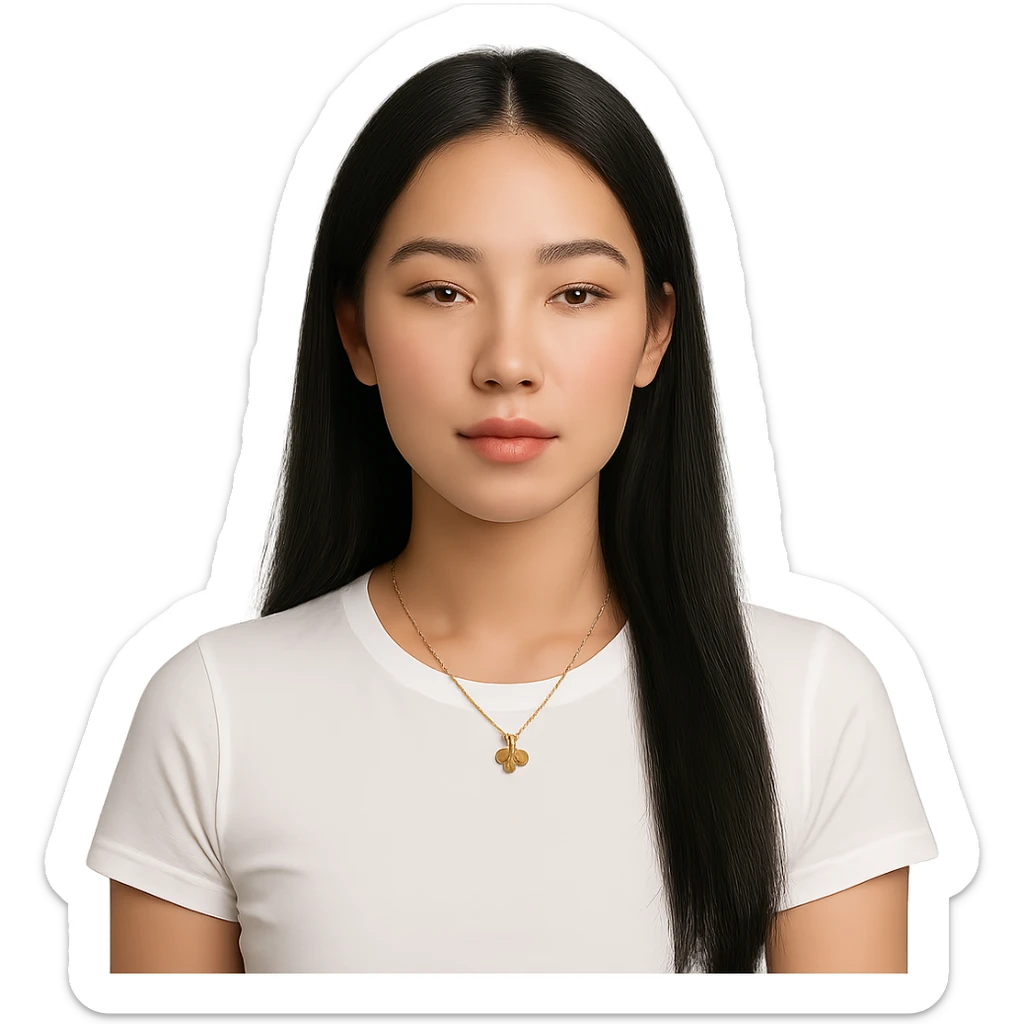 a serene woman with long straight black hair parted in the middle, light healthy complexion, almond eyes with gentle makeup, full lips with coral tint, white fitted t-shirt, gold four-leaf clover necklace, calm and neutral expression facing forward sticker