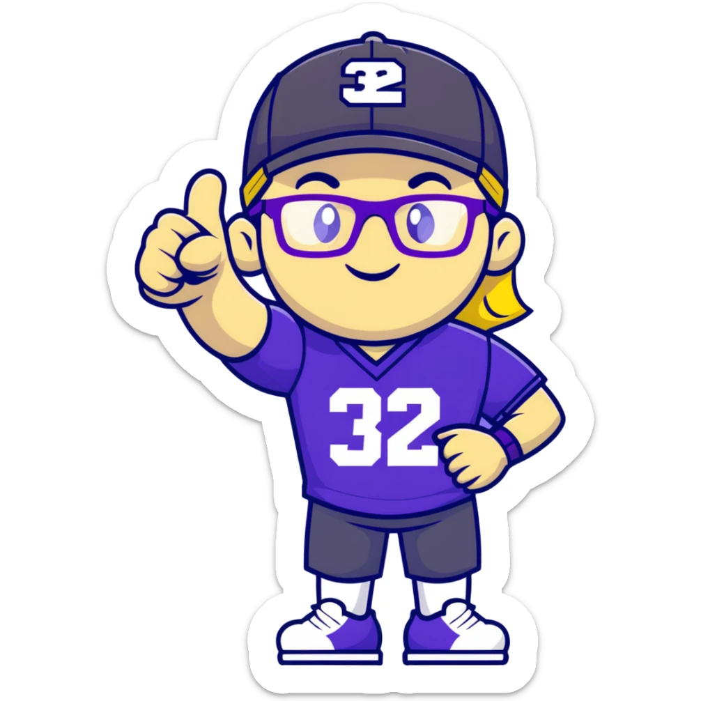 Man with black and white cap, purple sports jersey with number 32, clear glasses, disheveled light blond mullet hairstyle, thumbs up gesture, relaxed expression sticker