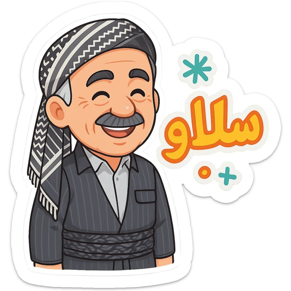 Create a colorful and cheerful Kurdish cartoon sticker with traditional clothing exactly like the reference image. Add the Kurdish text 'سڵاو' in a vibrant and happy style, suitable for WhatsApp and Instagram, with a transparent background. sticker