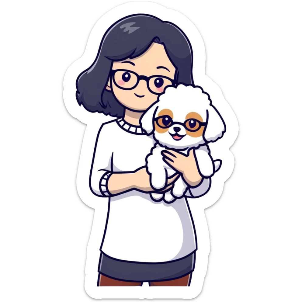 Girl with long black hair and glasses holding a white Bichon Frise dog sticker