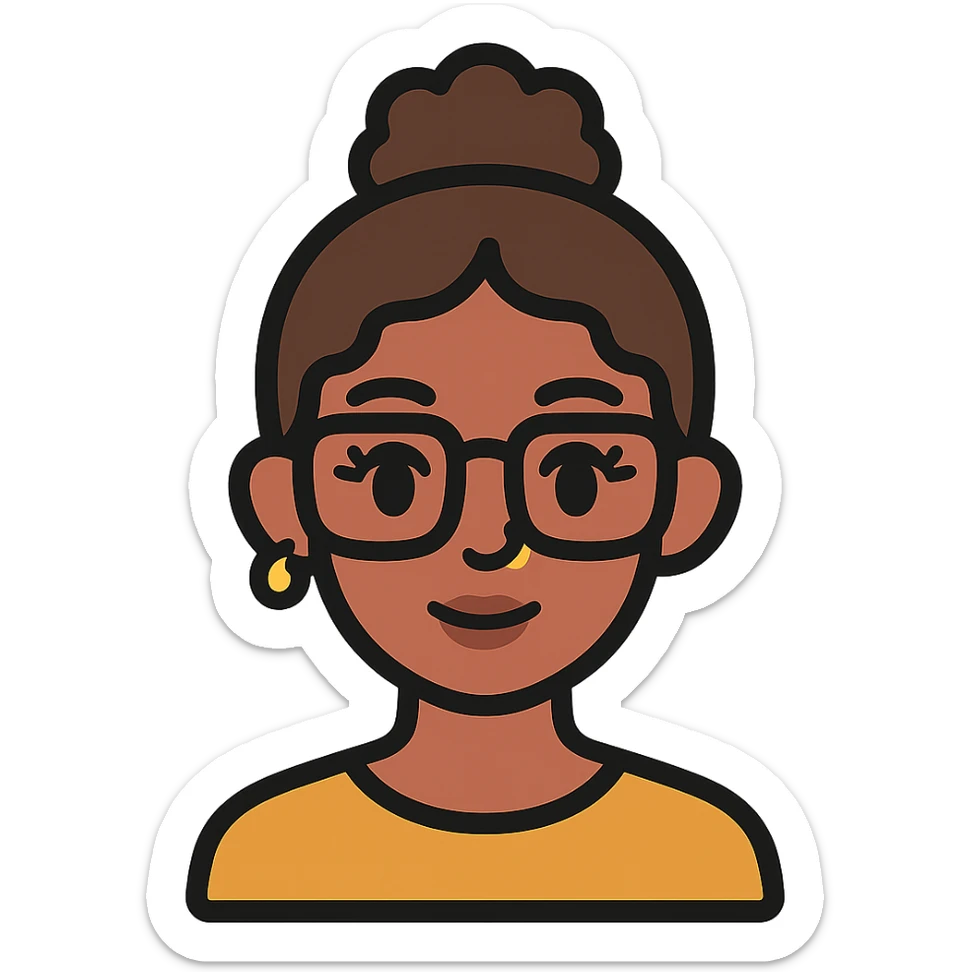 23-year-old girl with square thin glasses, brown curly hair in a high bun, big eyes and lashes, small nose and mouth, thin hoop nose piercing sticker