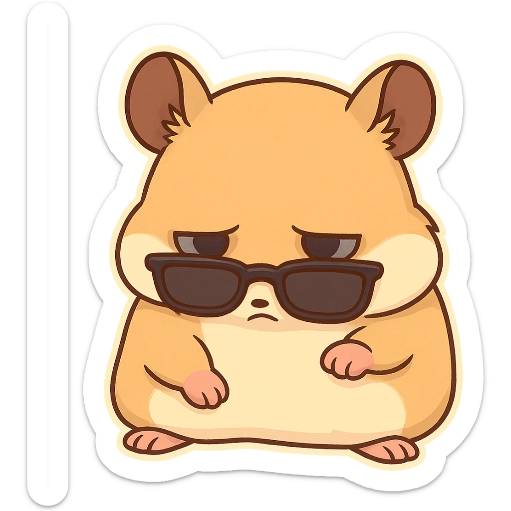A hamster wearing sunglasses, the sunglasses have slipped down to the bottom of the eyes, the hamster lowered his head, his eyes were dull, sticker