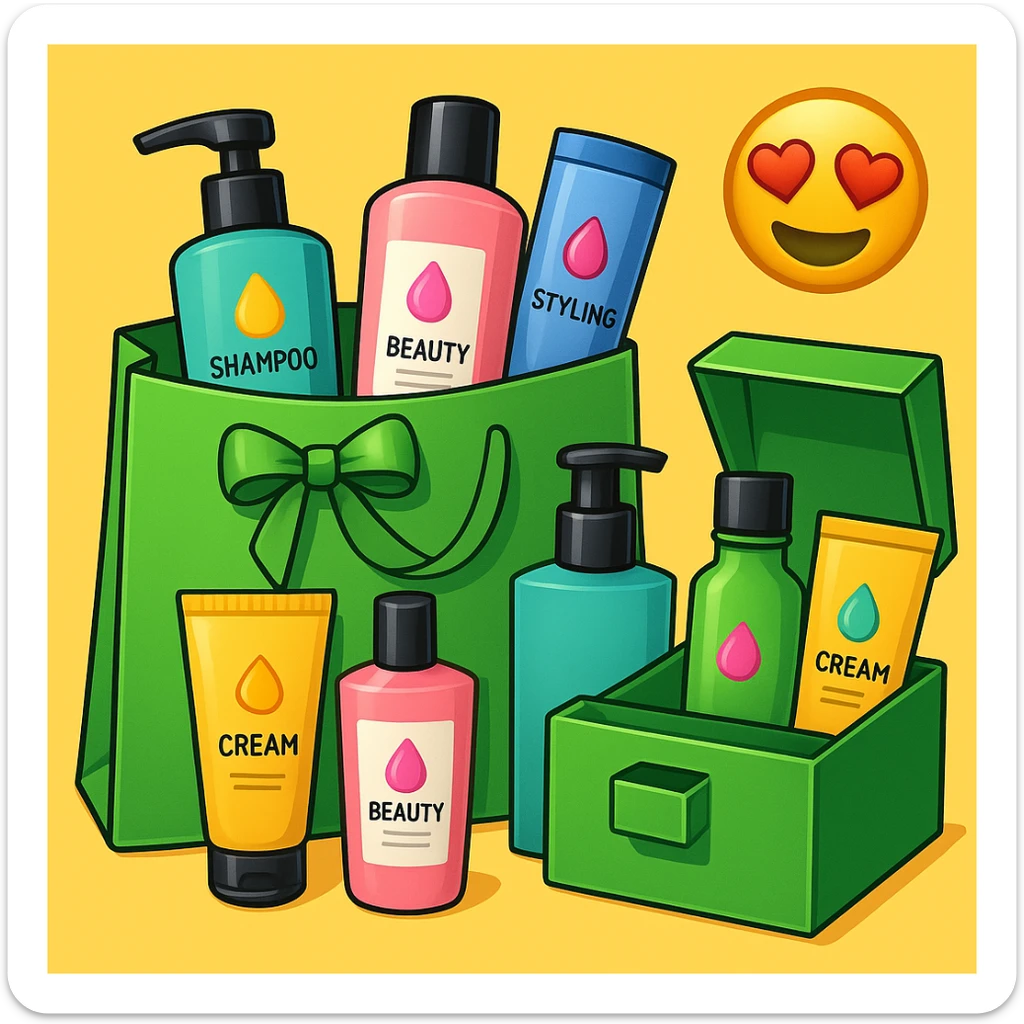 Gift bag with beauty products (shampoo, creams, styling products), a gift bag is beautyful open box with luxury brand-labeled beauty products standing nearby, emoji style, green bag sticker