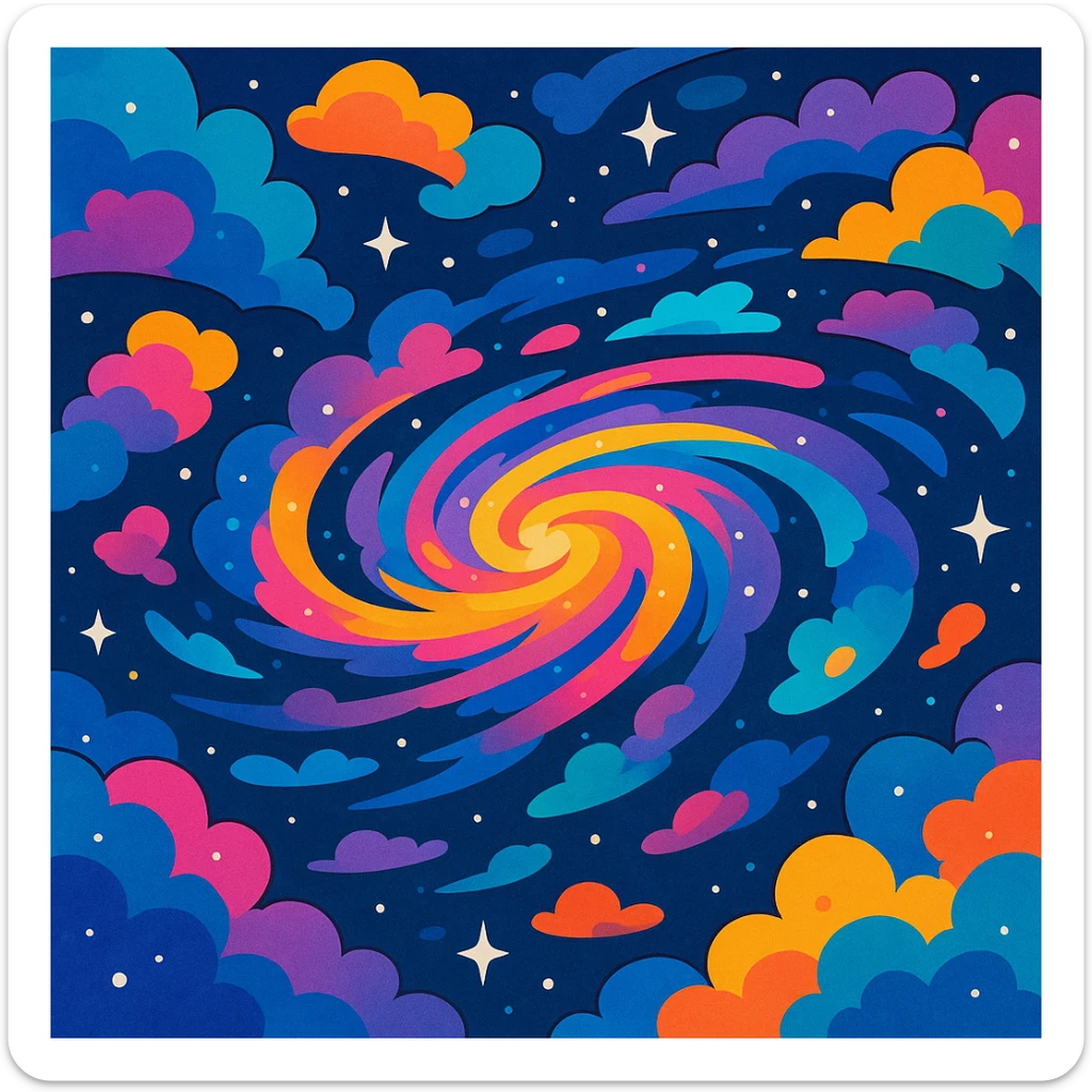 Milky Way galaxy, vibrant swirling colors, cosmic clouds, stars, dreamy painterly style sticker