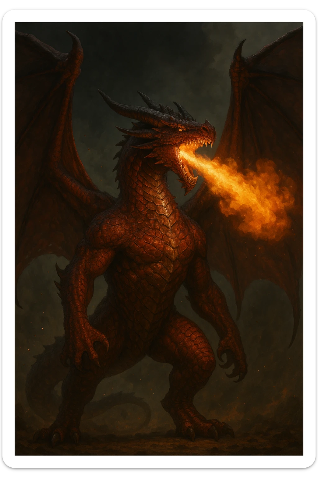 Western style dragon with huge wings, red scales, strong and intimidating stance, breathing fire sticker
