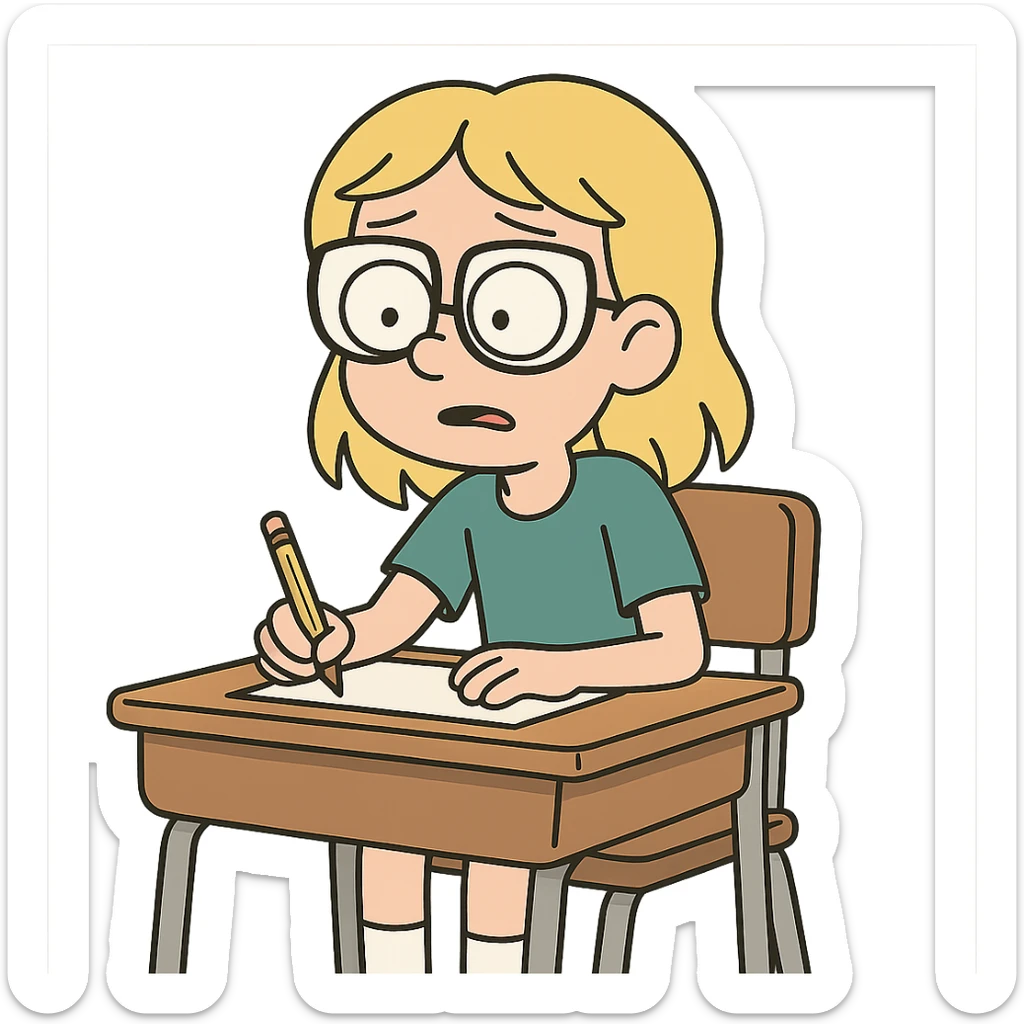 6th grade girl with blonde hair and glasses, sitting at a desk, cartoon style sticker