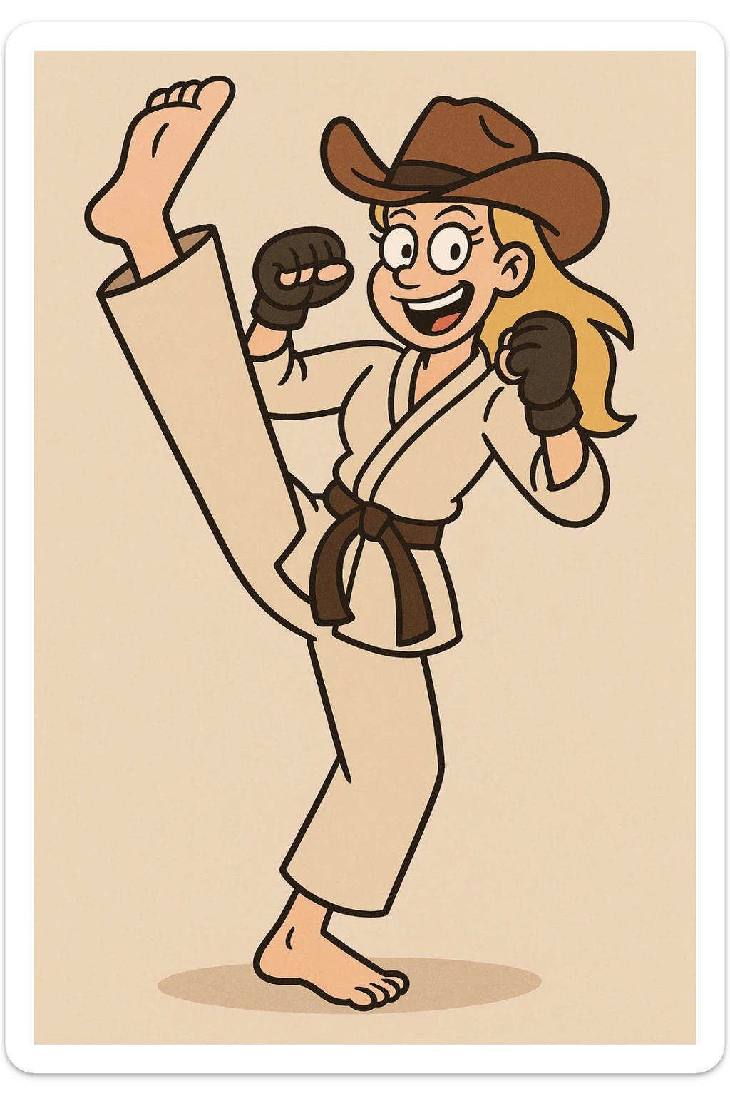 karate cowgirl, high kick, cowboy hat tilted, martial arts gloves, smiling sticker