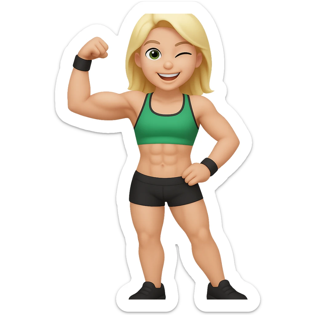 Create a full body pose of a muscular white girl with blonde hair and green eyes, flexing 6 pack abs and one arm bicep, smiling and winking. The style should resemble emoji style. Remove the background completely. sticker