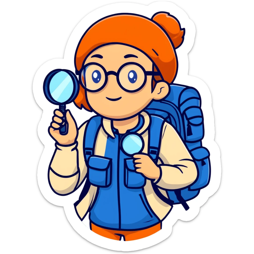 Colorful woman explorer in her 40s with glasses, dark blue and white hiking clothes, backpack, holding magnifying glass sticker