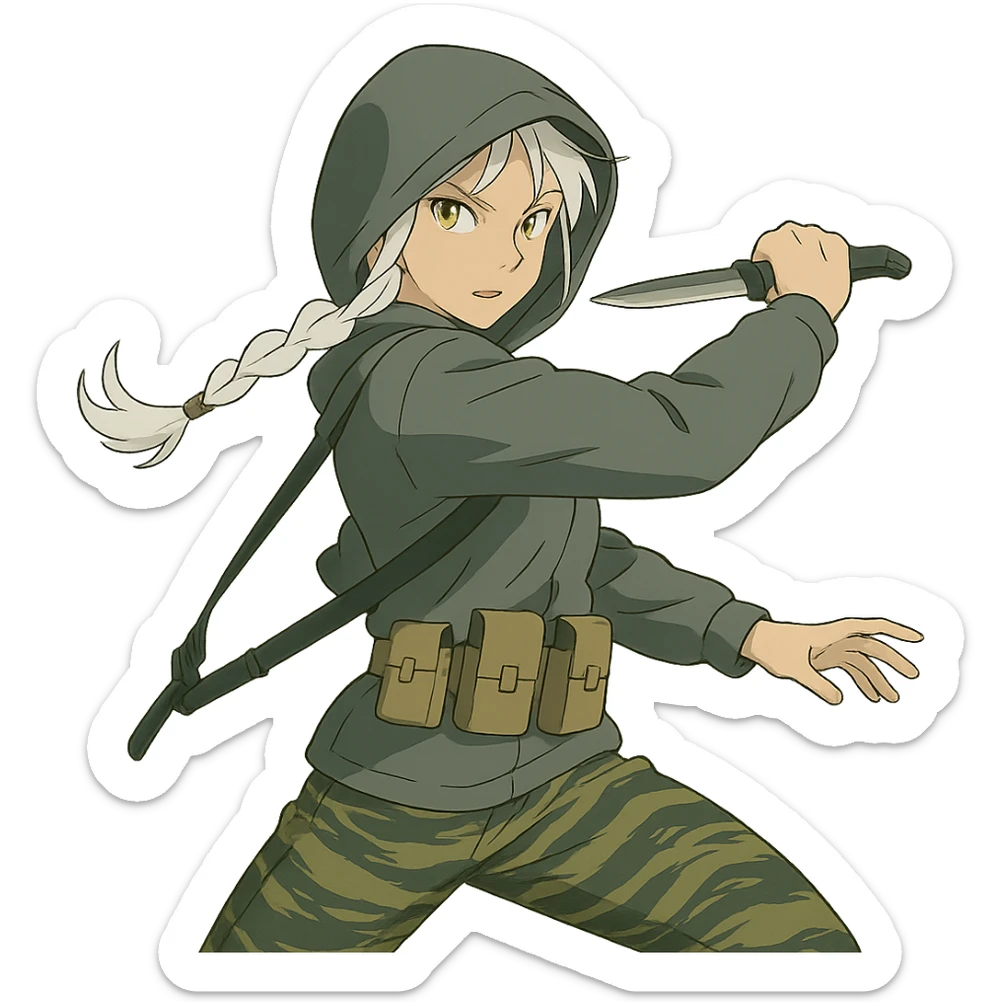 1 female, mid-20's  white hair long braid, gold yellow eyes, gray rainproof hoodie, hood up, single point sling, tan mag pouches on belt rig, tiger stripe camo pants, holding a combat blade, striking, swing sticker