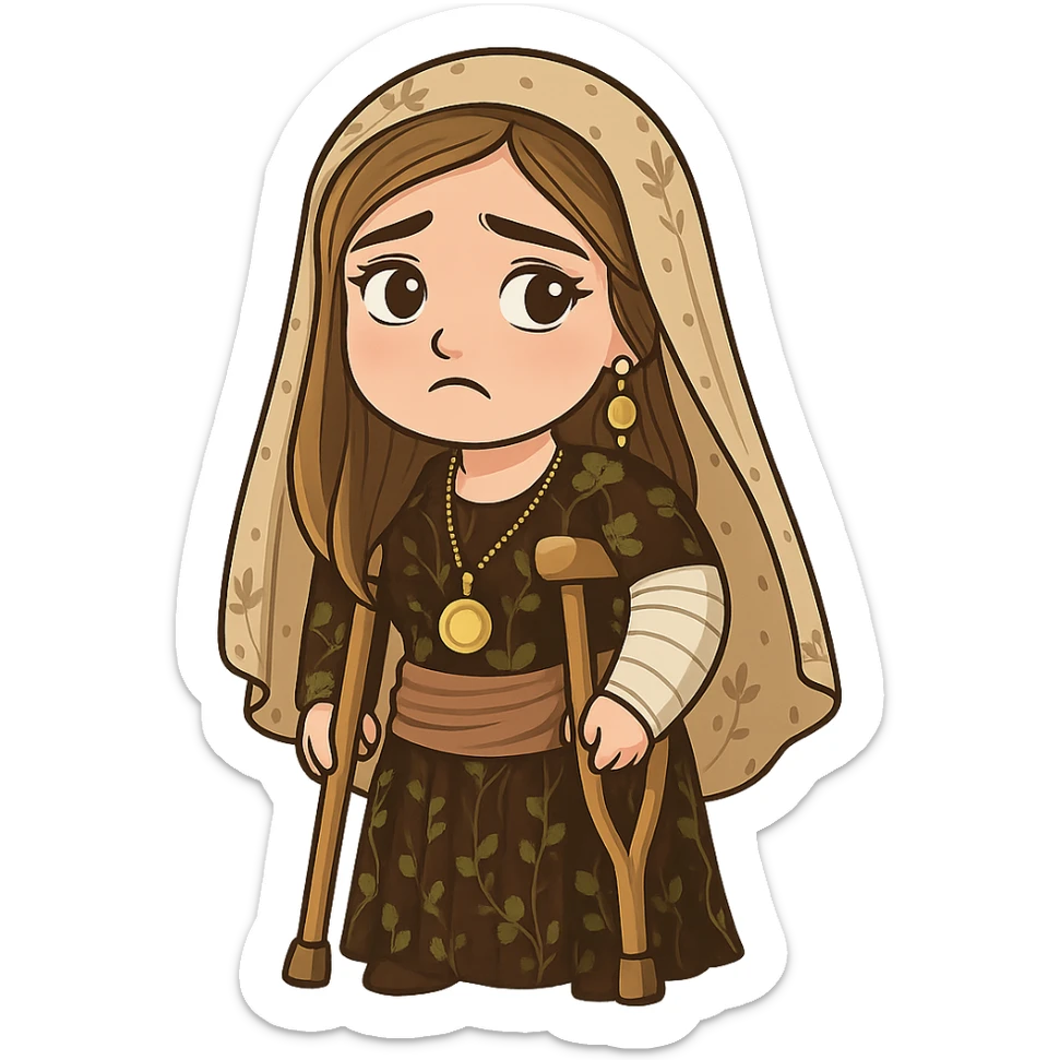 Kurdish cartoon sticker of the same woman in the new dress, with a cast on her arm or leg, crutches, sad but hopeful expression, no text, transparent background sticker