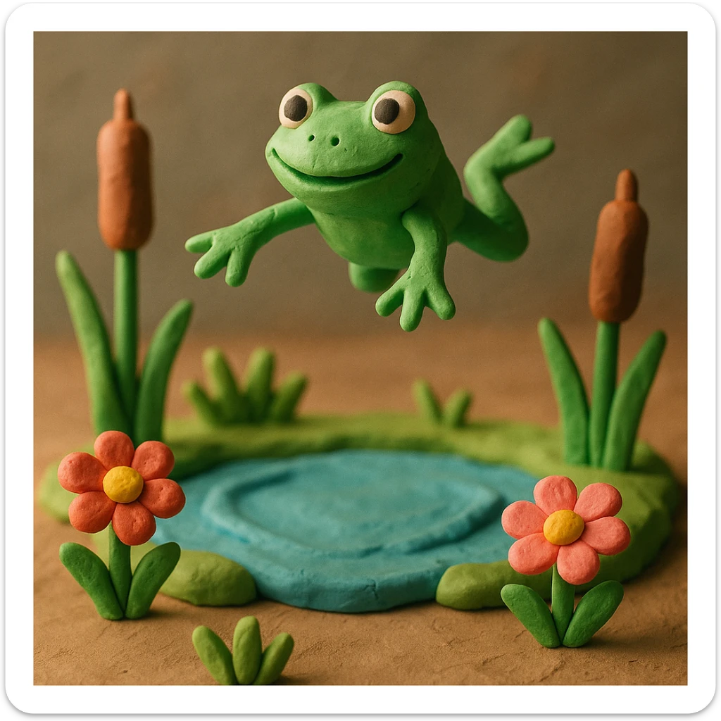 frog leaping above a pond with cattails and flowers, playful and colorful, claymation style sticker