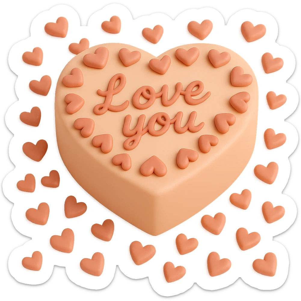 Add more small fondant hearts around the main heart-shaped cake with the 'Love you' message, in fondant cake art style, keep transparent background. sticker
