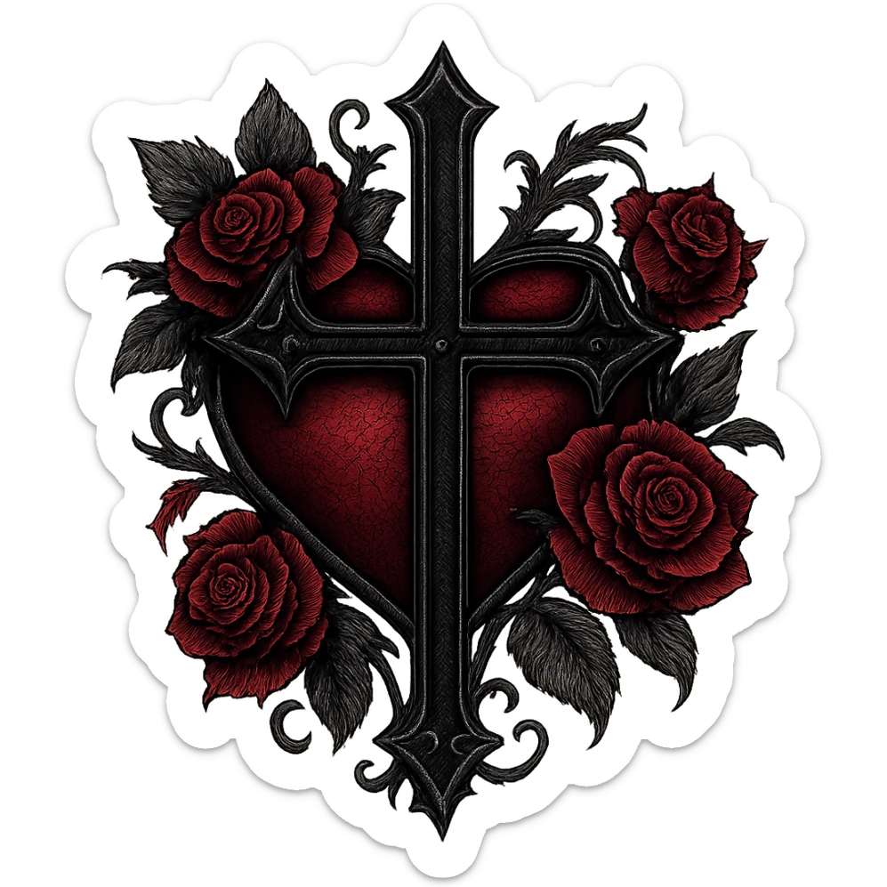 gothic style heart with a gothic cross and roses, black and crimson colors, transparent background sticker