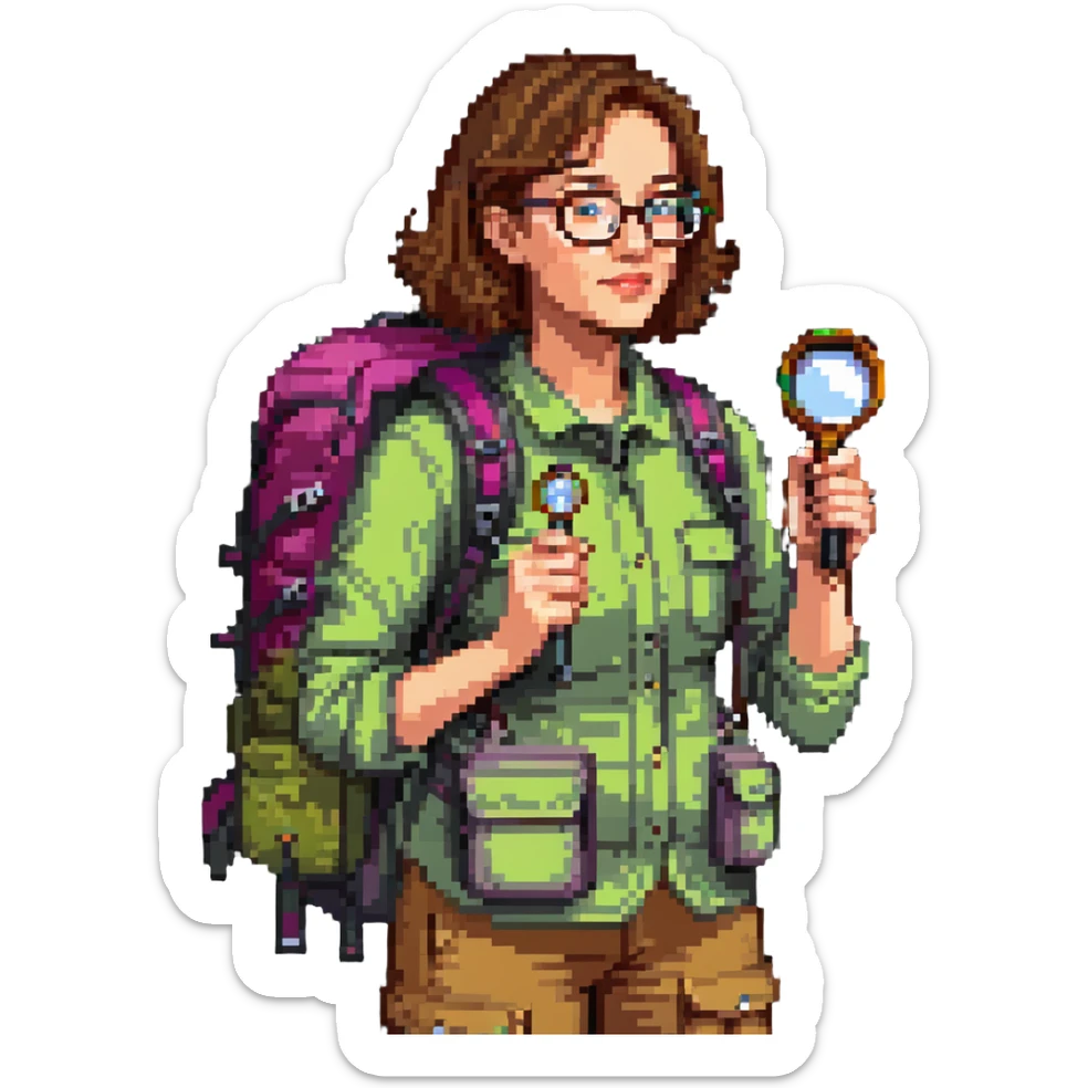 Enthusiastic woman naturalist in her 40s with glasses, colorful hiking outfit, backpack, holding magnifying glass sticker
