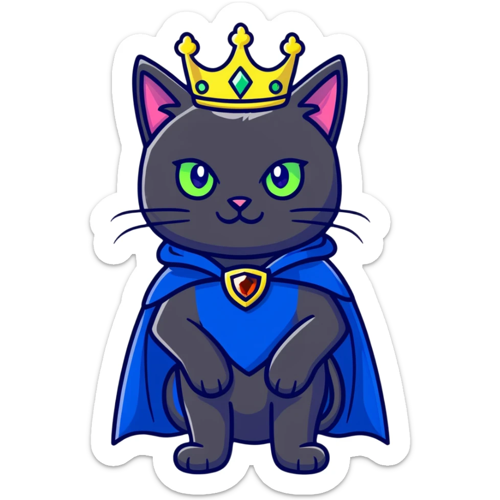 black cat with brilliant neon green eyes wearing a royal blue cape trimmed in gold and a crown with jewels sticker
