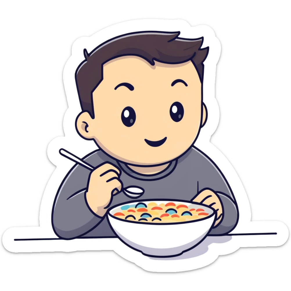 Elon Musk eating a bowl of cereal, tech entrepreneur with short dark hair enjoying breakfast sticker