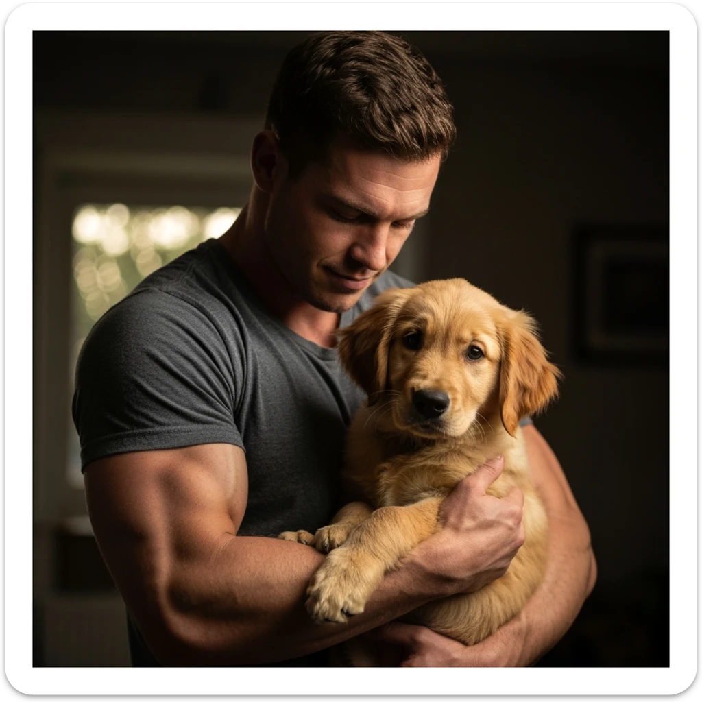 Photo of a musculated man holding puppy golden retriver, low key light sticker