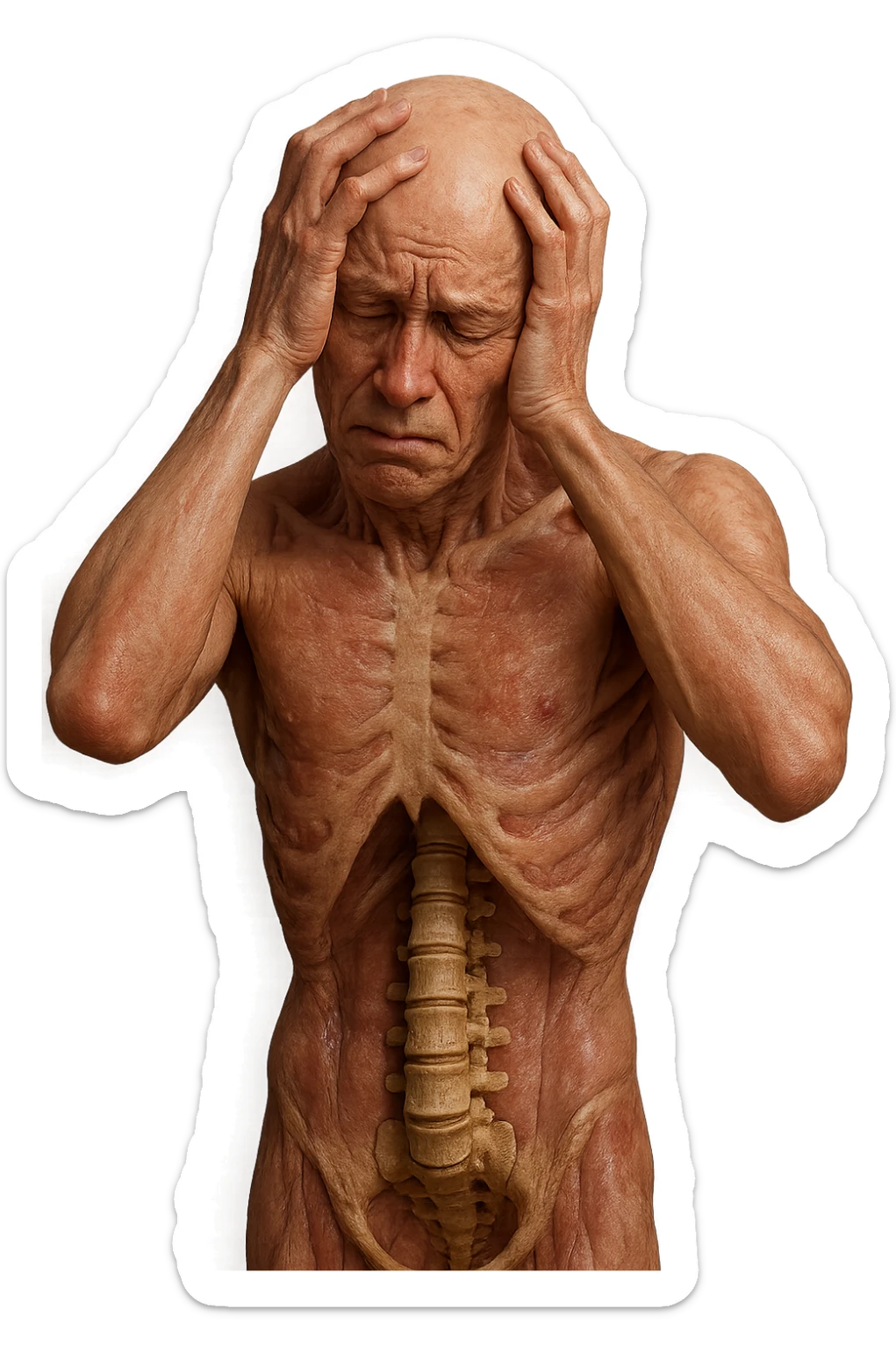 CORPO UMANO ANATOMICO con spina dorsale in evidenza, molto stanca e stressata mentre si tiene le mani sulla testa, IPERREALISTICO 4K sticker
