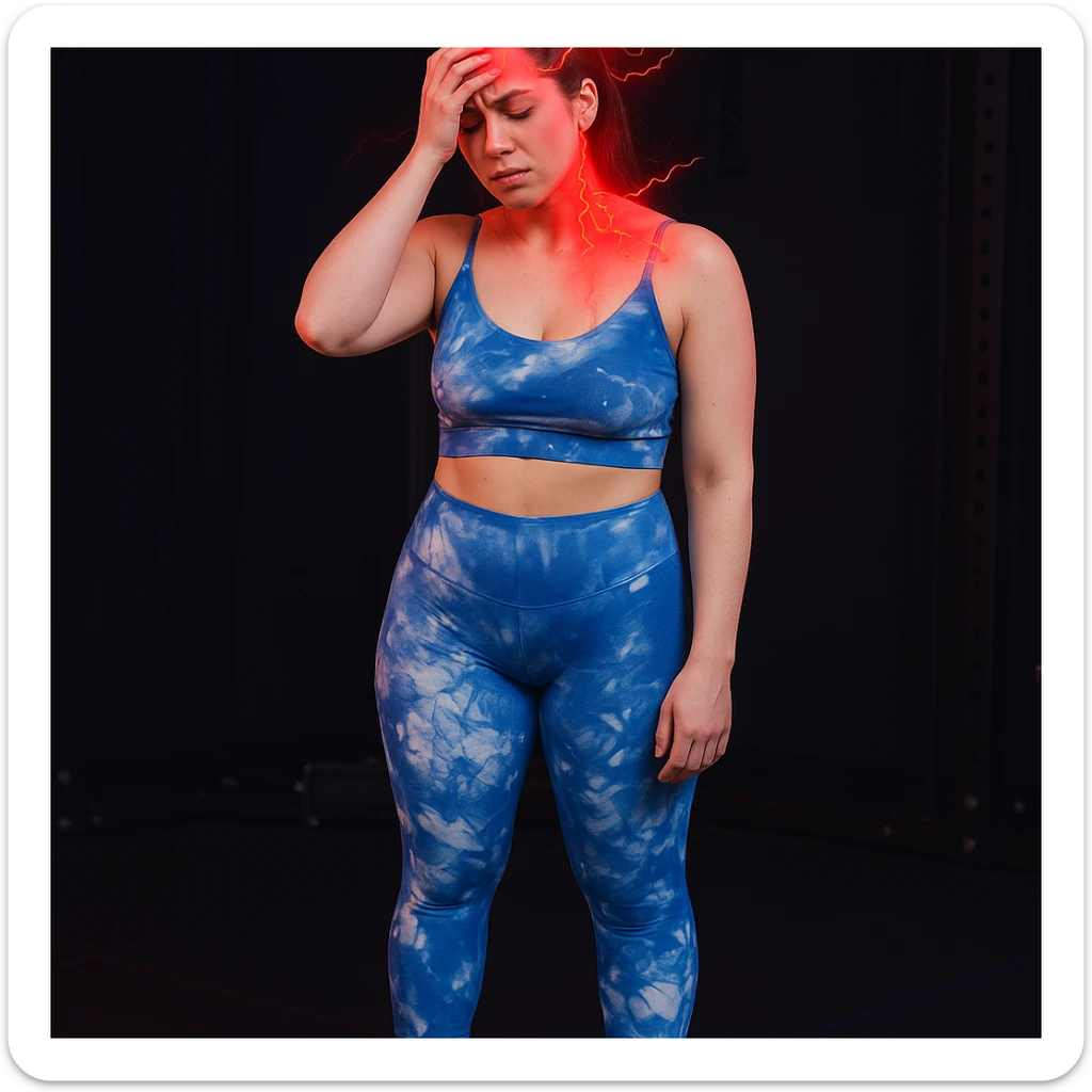 Realistic style edit of the girl identical to the photo with one hand on the forehead and a suffering face, pain symbols like red lights and lightning on neck and head. sticker