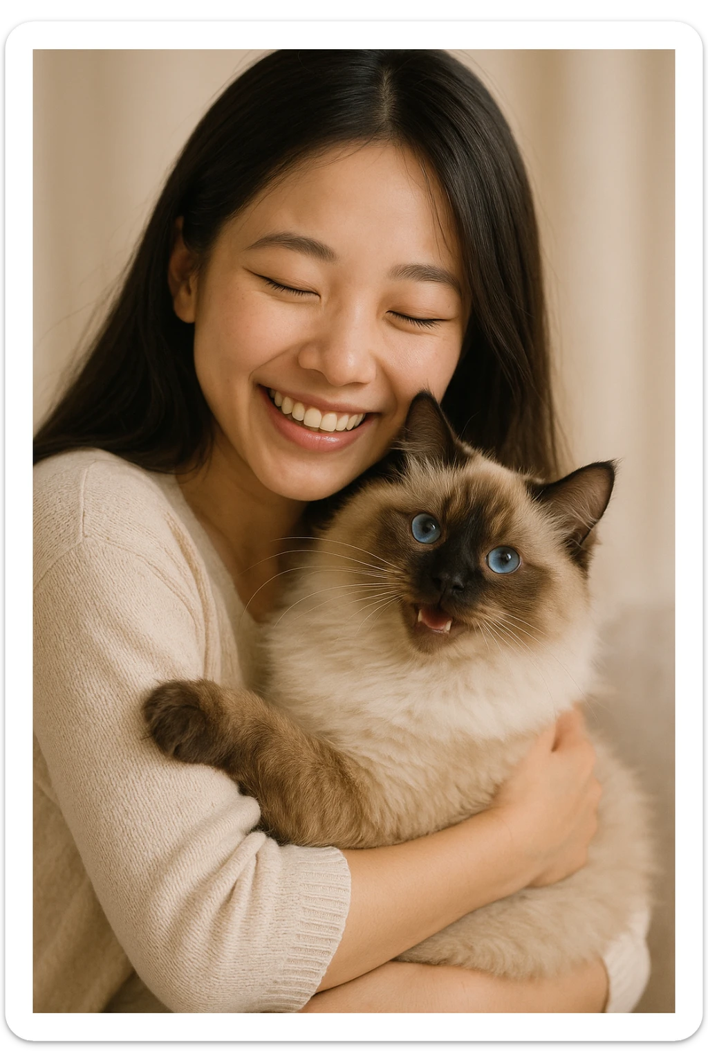 Asian girl with long hair embracing a fluffy Siamese cat, both looking happy, soft lighting, gentle colors sticker