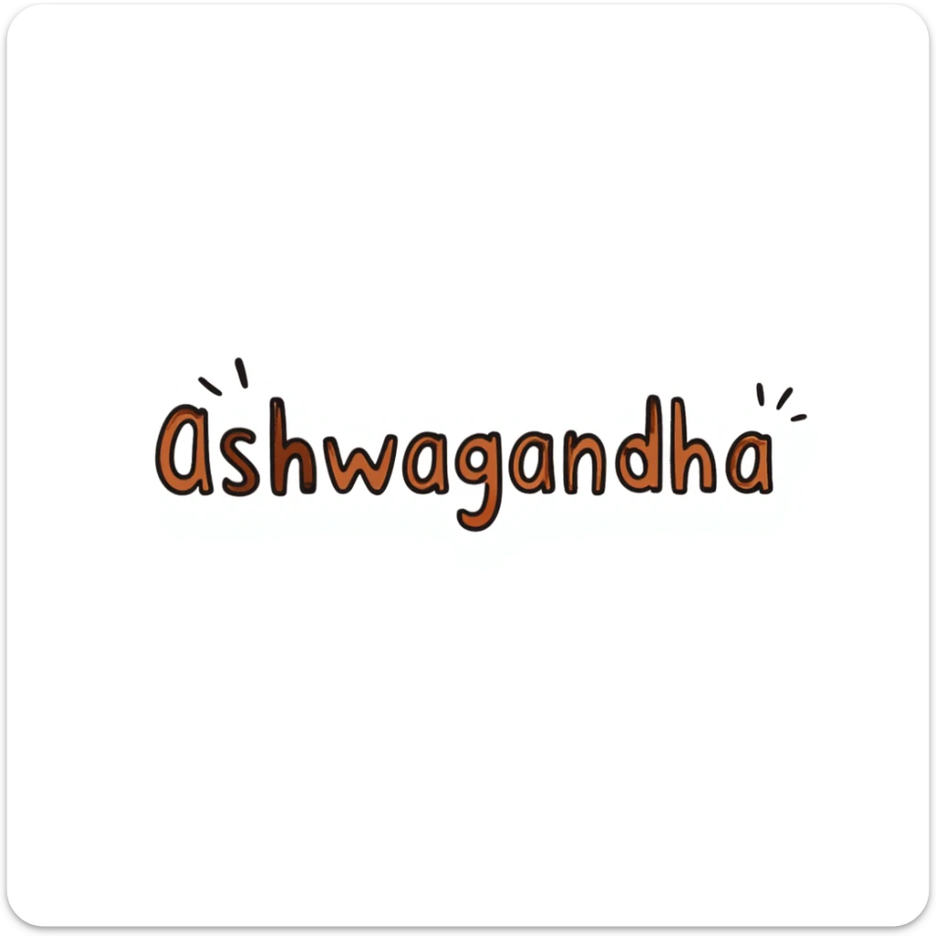 The word "Ashwagandha" hand-drawn in a warm earthy color palette with browns, oranges, and subtle greens. Simple doodle style with minimal decoration. sticker