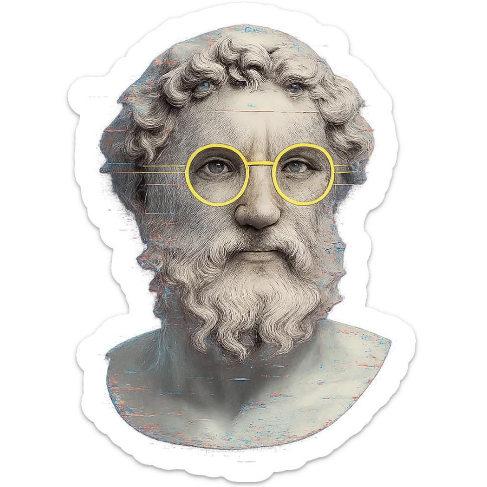 ultra-detailed Greek marble bust, curly hair and beard, neon yellow round glasses, cyberpunk digital glitch effects, centered, soft shadows, clean edges, transparent background sticker