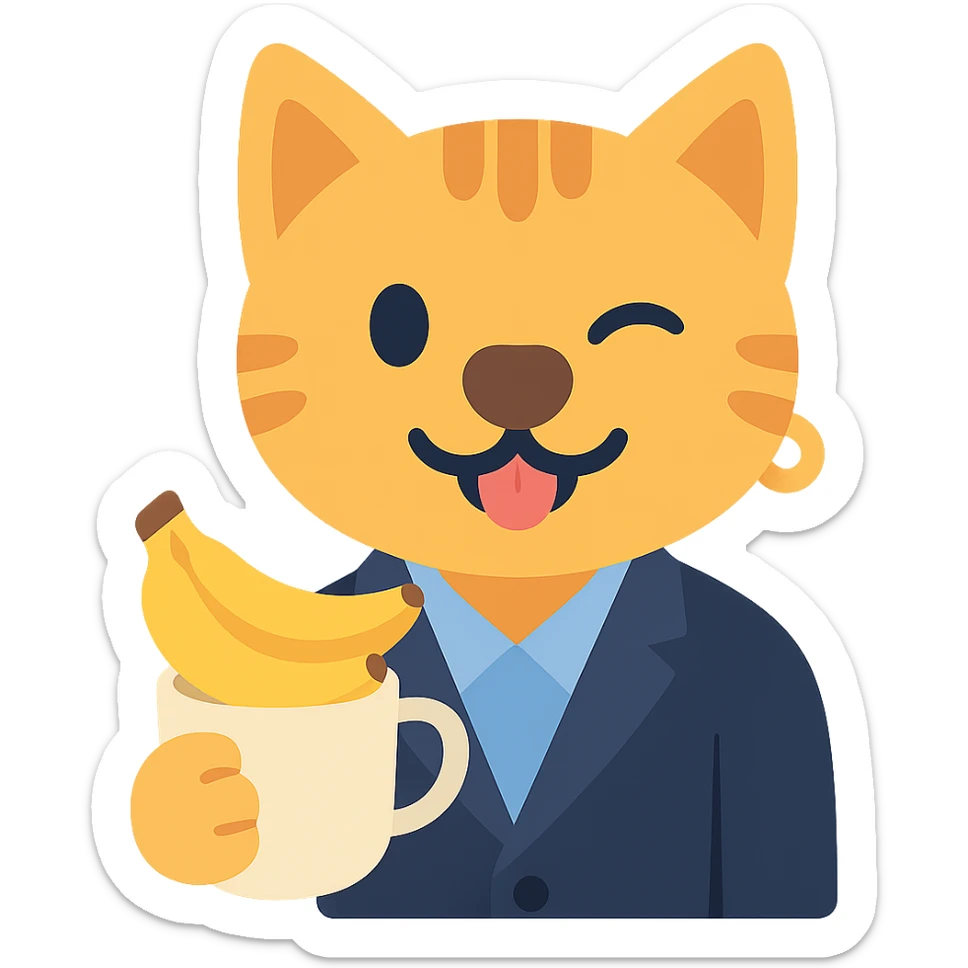 cat with a dog nose, wearing a suit, earring, holding a cup of bananas, playful expression sticker