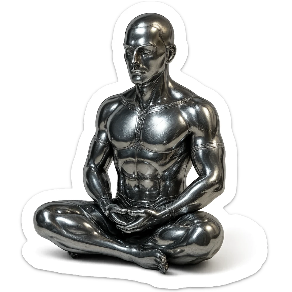stylized chrome statue of a man meditating in the lotus position, futuristic and polished sticker