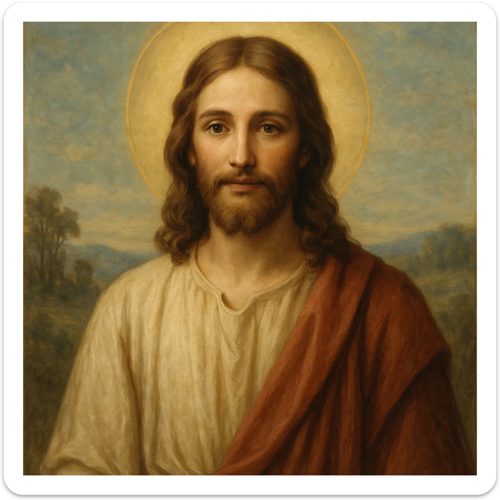 classic depiction of Jesus with gentle expression, halo, flowing robes, serene background sticker