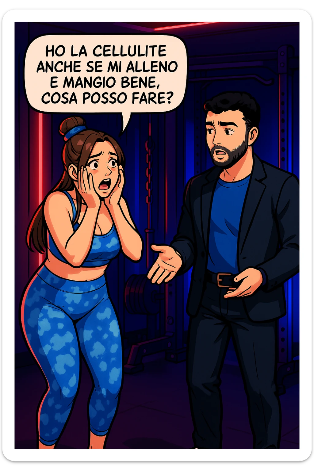TRASFORMA QUESTO CAROSELLO IN UN FUMETTO STILE WEBTOON/MANGA A COLORI CON QUESTE DUE PERSONE IDENTICHE CHE INTERLOQUISCONO TRA LORO, LA DONNA è DISPERATA CON LE MANI SULLE GUANCE E STA DOMANDANDO TUTTA AGITATA UNA COSA ALL'UOMO:

LEI (DONNA): Ho la cellulite anche se mi alleno e mangio bene, cosa posso fare? sticker