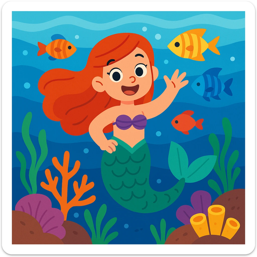 A playful mermaid waving underwater, with colorful fish and coral in the background sticker