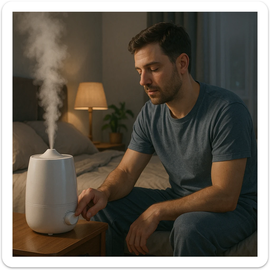 realistic illustration of a man adjusting the humidity in a bedroom with a humidifier to sleep better, showing the man near the bed setting or turning on the humidifier, calm and restful atmosphere sticker