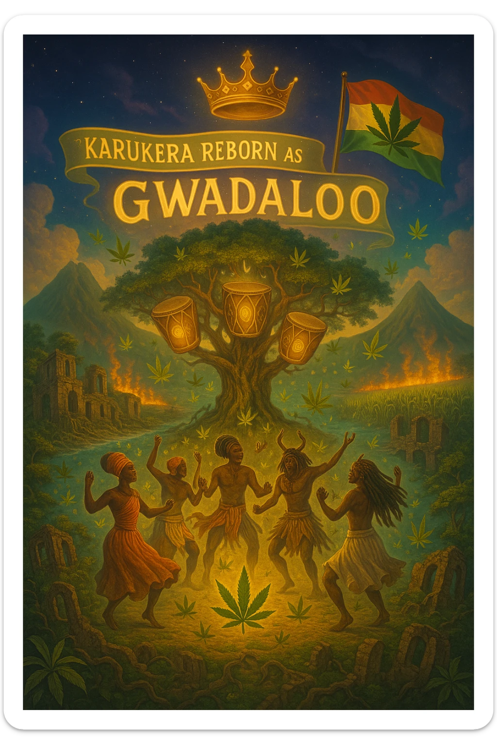 Create a powerful, surreal vision of the Caribbean island Guadeloupe, reimagined as ‘Gwadaloo’ — its sacred, sovereign identity restored. The island is lush, tropical, and volcanic, with two green volcanoes glowing golden at the peaks. In the center stands a giant mystical Drum Tree, its branches bearing carved drums instead of fruit, glowing with rhythmic light. Ancestral spirits of African and indigenous lineage dance in a circle around the tree, surrounded by floating ganja leaves and sacred symbols. Sugarcane fields burn gently in the background, symbolizing the end of colonial suffering. Ruins of colonial buildings crumble into the earth, reclaimed by vines and jungle. Above the island, a glowing banner in the sky reads: ‘Karukera reborn as Gwadaloo.’ A ganja-leaf flag waves high in red, green, and gold, and a golden Creole crown floats in the sky above the island — not worn by any man, but held in rhythm. The ocean is turquoise, the light is divine, and the entire scene radiates spiritual victory, cultural remembrance, and cosmic rhythm. Use a warm, cinematic palette of golds, greens, blues, and purples. Style should feel epic, sacred, and symbolic — a rebirth of Caribbean power. sticker