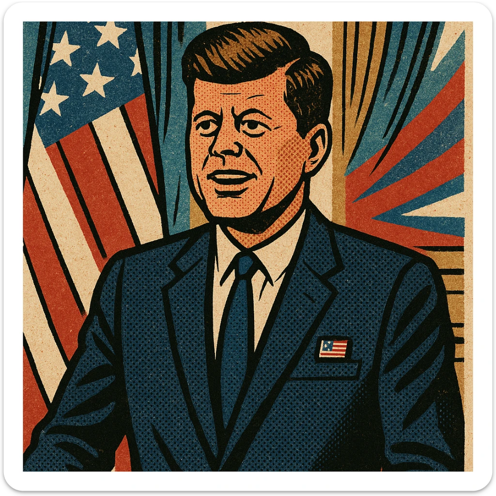 President Kennedy wearing a suit with a US flag badge standing in front of a US flag in his office sticker