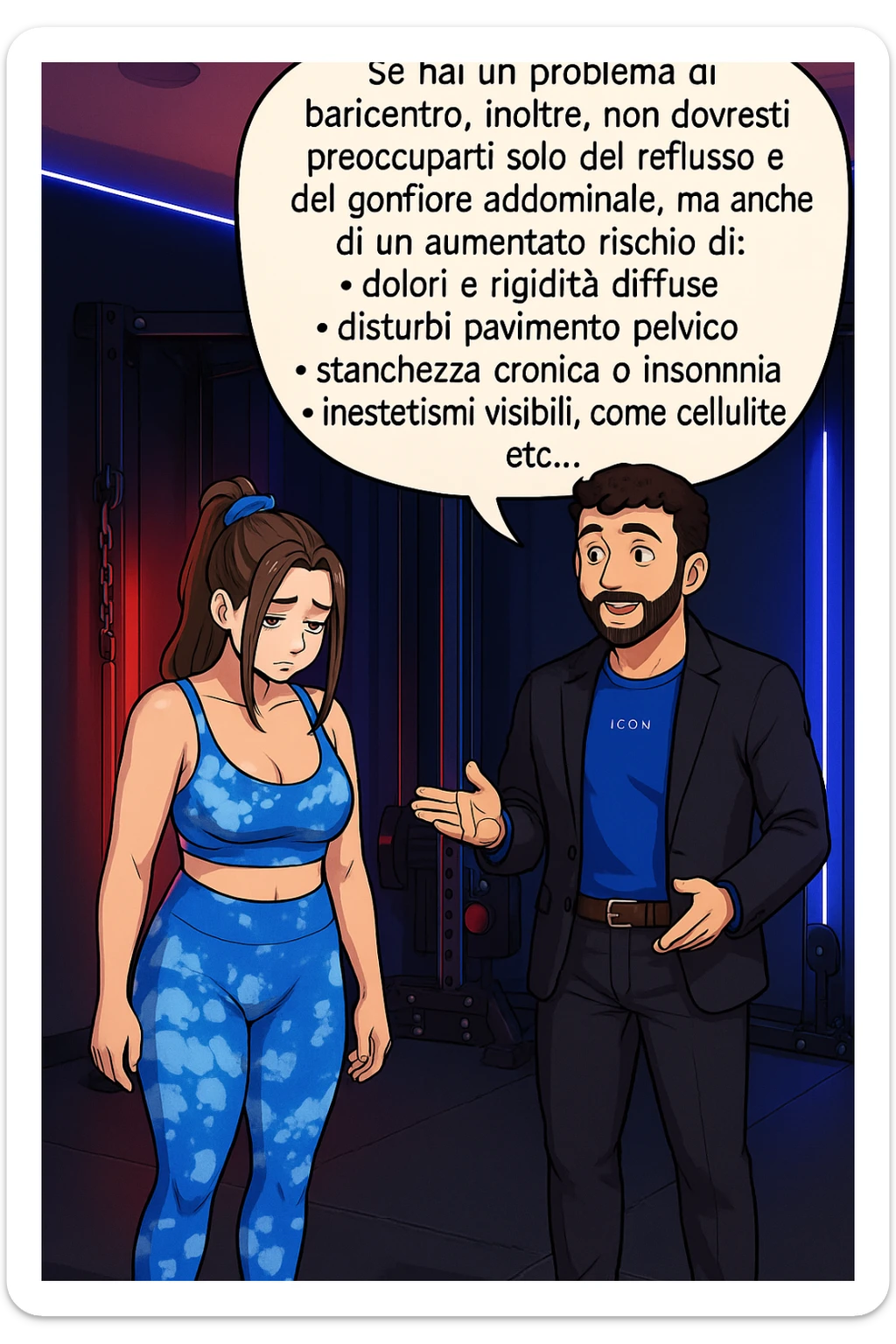 TRASFORMA QUESTO CAROSELLO IN UN FUMETTO STILE WEBTOON/MANGA A COLORI CON QUESTE DUE PERSONE IDENTICHE CHE INTERLOQUISCONO TRA LORO, L'uomo sta spiegando alla donna questo concetto:

Se hai un problema di baricentro, inoltre, non dovresti preoccuparti solo del reflusso e del gonfiore addominale, ma anche di un aumentato rischio di:
    • dolori e rigidità diffuse
    • disturbi pavimento pelvico
    • stanchezza cronica o insonnia
    • inestetismi visibili, come celluluite
    • etc… sticker