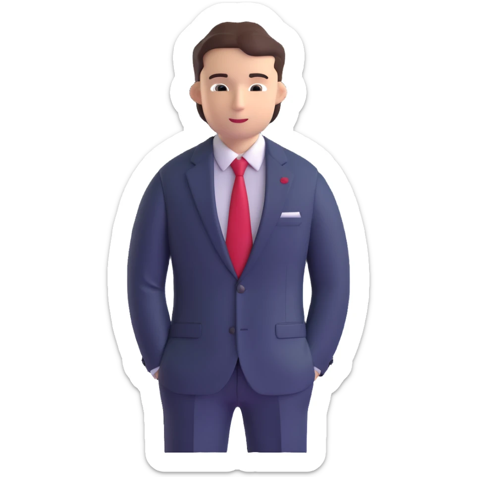 man wearing a dark blue-gray business suit with a white shirt and a red tie sticker