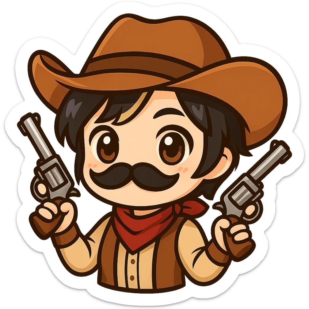 Edit the chibi cowgirl to have short hair and be holding two guns, one in each hand. Keep the cowboy hat, mustache, and western outfit. Maintain the chibi/anime style. Transparent background, sized for Twitch or Discord use. sticker