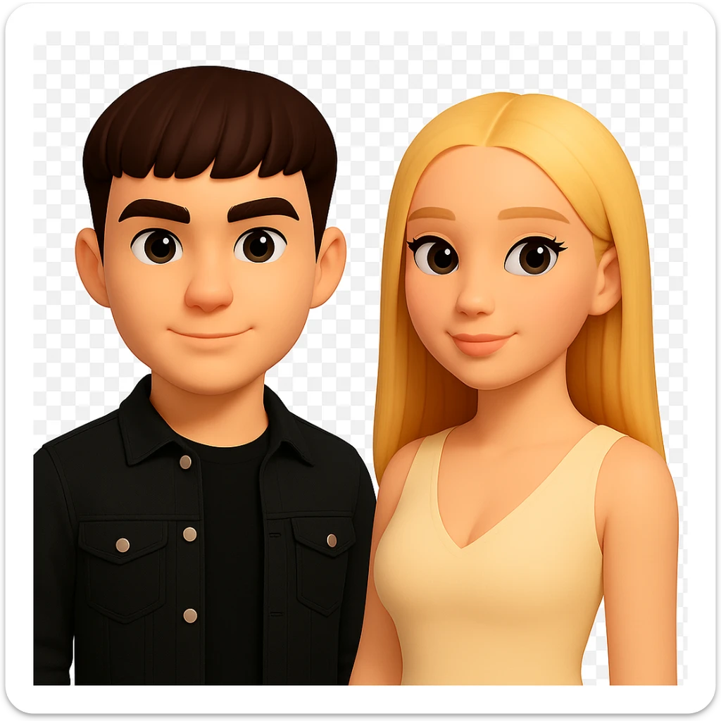 Slightly increase the volume of the upper body of the girl, separate the girl and the boy from each other, make the skin color the same for both. Maintain the cartoonish 3D style. Keep the background transparent. sticker